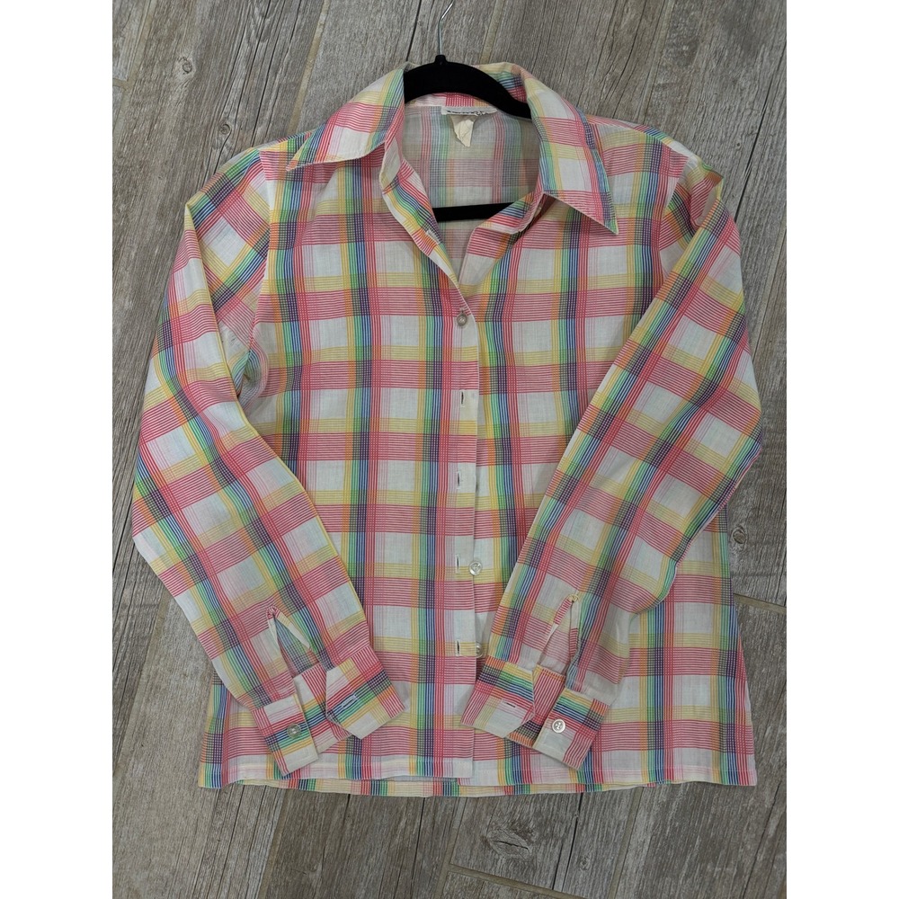 Thermo-Jac Plaid Button Down Women Size M Multi Color Good Vintage 70s Rainbow